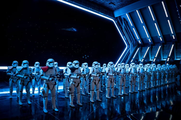 Guide to rides at Disney World - Stormtroopers lined up in the Ride of the Resistance ride