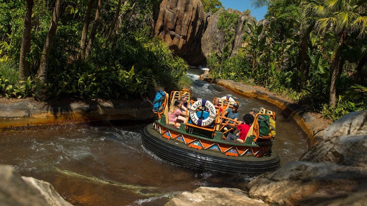 Guide to rides at Disney World - people sitting in a large round boat going down rapid river