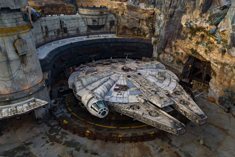 Guide to rides at Disney World - Aerial view of Millennium Falcon ship at Star Wars Galaxy's Edge