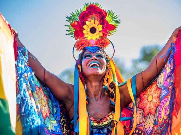 A woman in colorful costume celebrating Mardi Gras