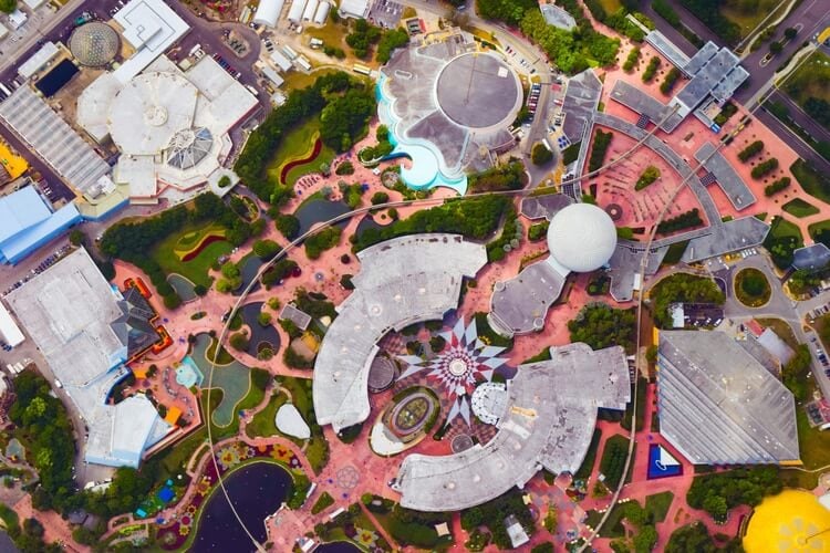 an aerial image of the disney park epcot