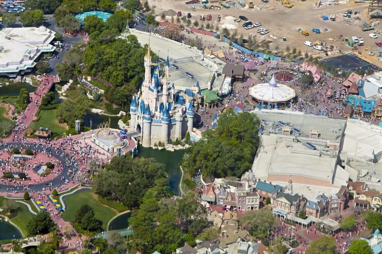 aerial shot of disney world's magic kingdom