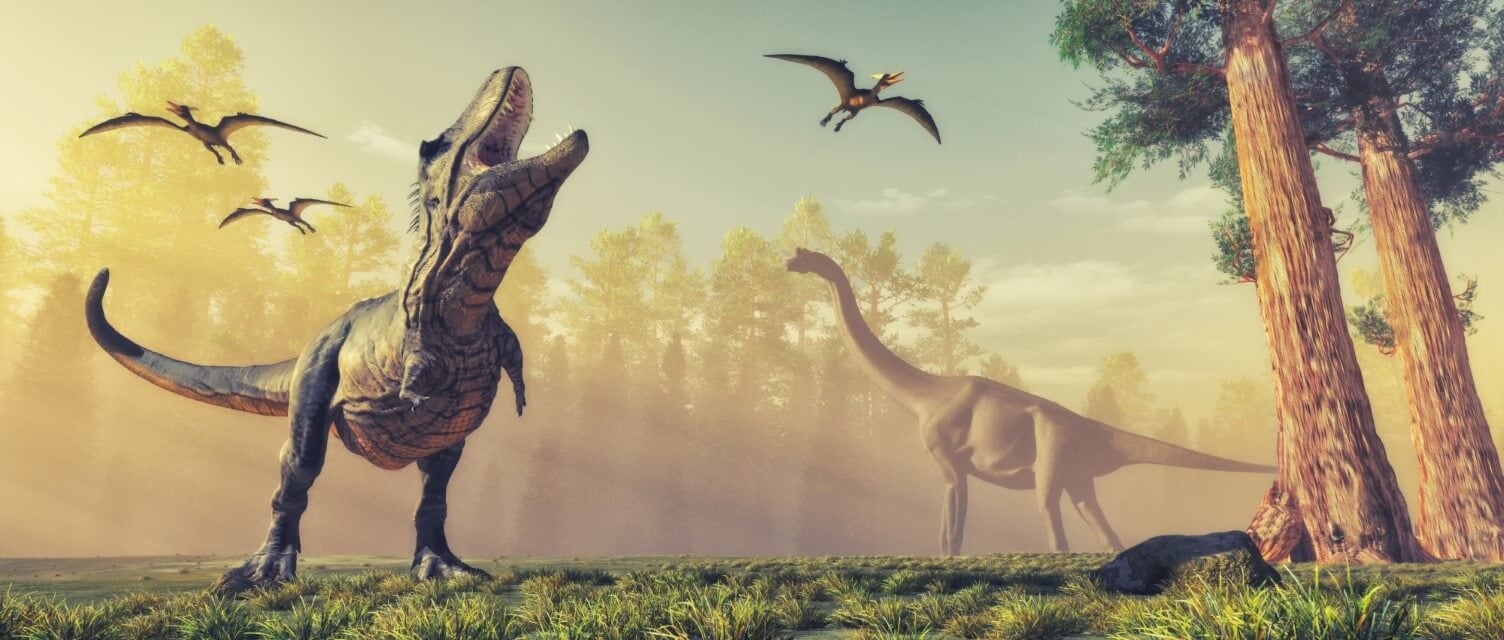 An artist render of dinosaurs, incluidng t-res and brachiosaurus