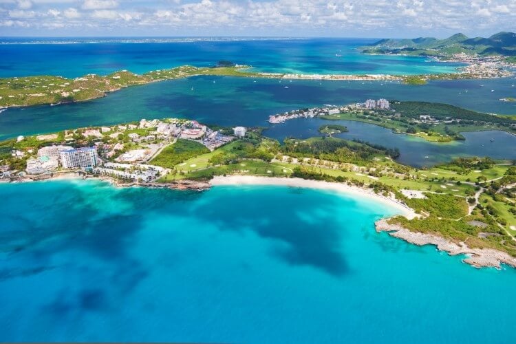 Aerial shot of Cupecoy Beach on the Dutch side of St Martin.