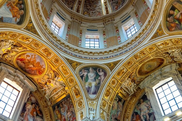 Ornate church ceiling painted in a Renaissance style