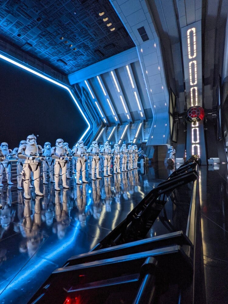 First Order stormtroopers in a starship hangar. 