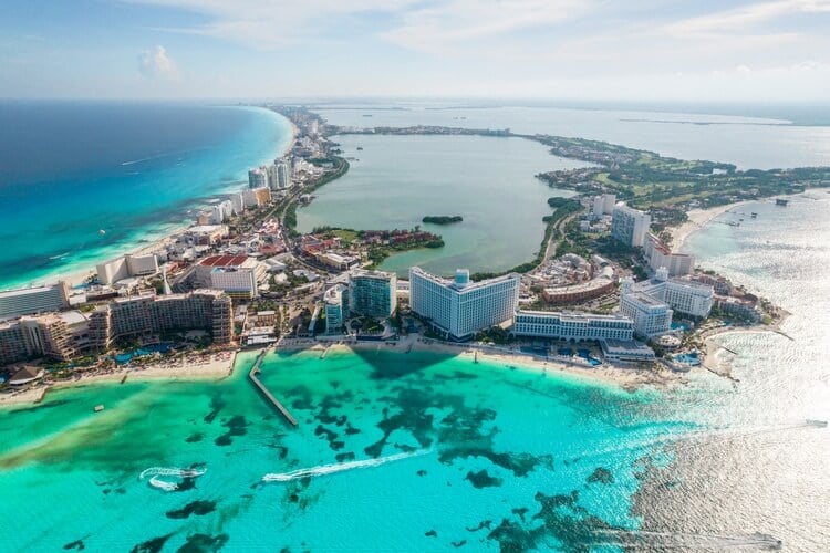 A scenic aerial view over Cancun - the best time to go to Cancun Mexico