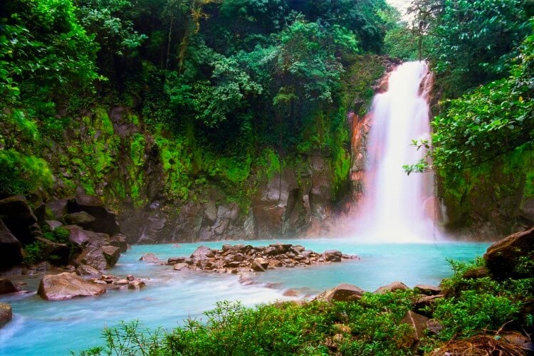 A rushing waterfall in the Costa Rica rainforest