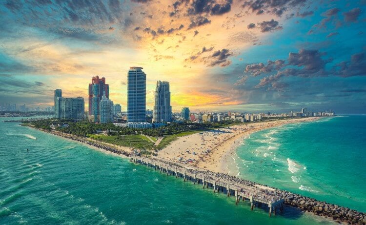 Miami city and beach at sunset