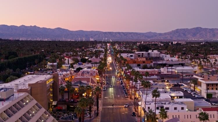 An ariel shot of downtown Palm Springs at sunset