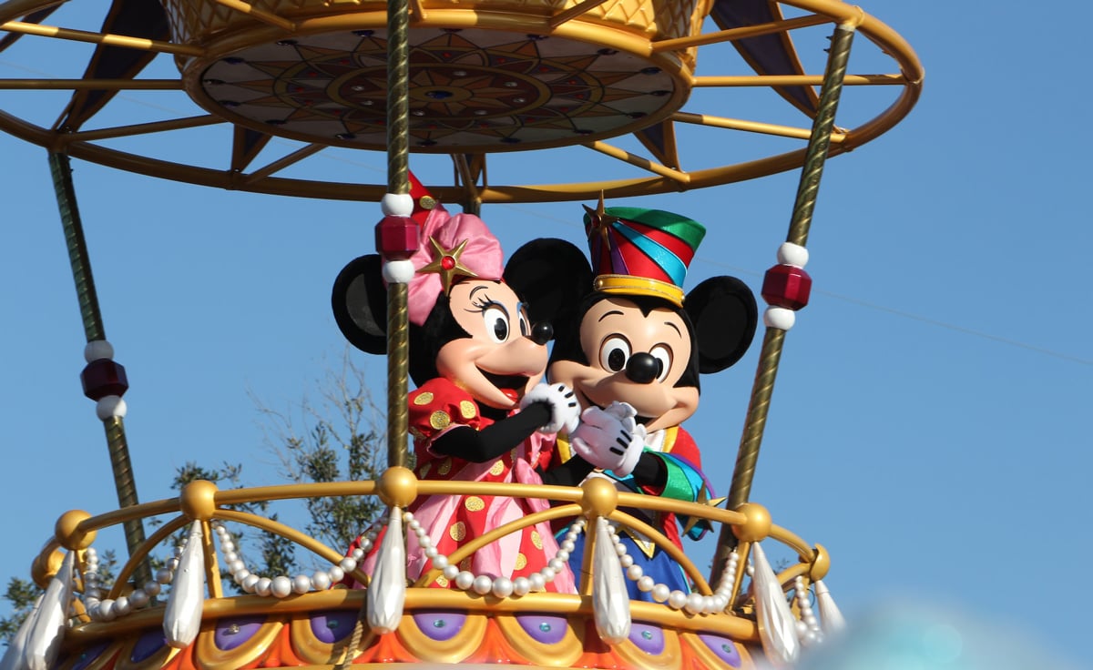 Mickey and Minnie Mouse costumed characters in a hot air balloon