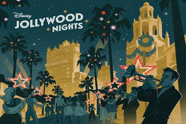 Disney World Christmas at Jollywood, Hollywood Studios. A stylized poster depicting the glamorous festivities at the party.