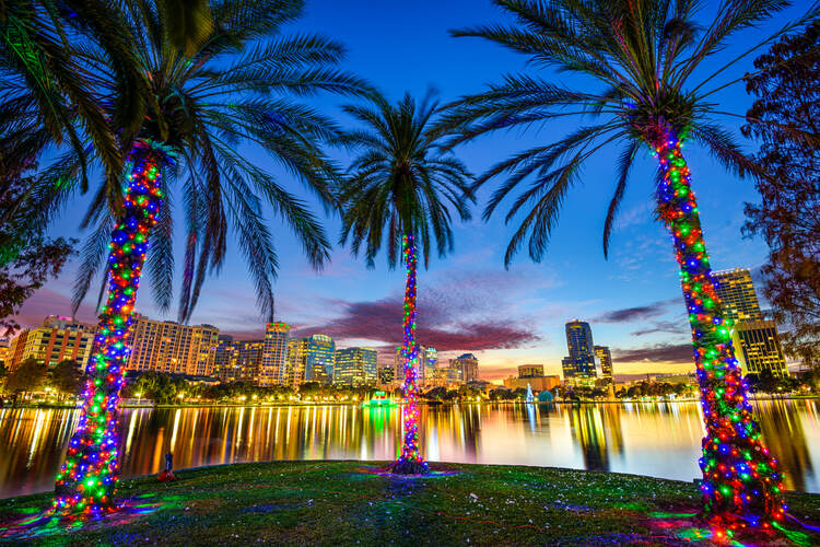 Christmas lights in Orlando look festive by Lake Eola in Florida