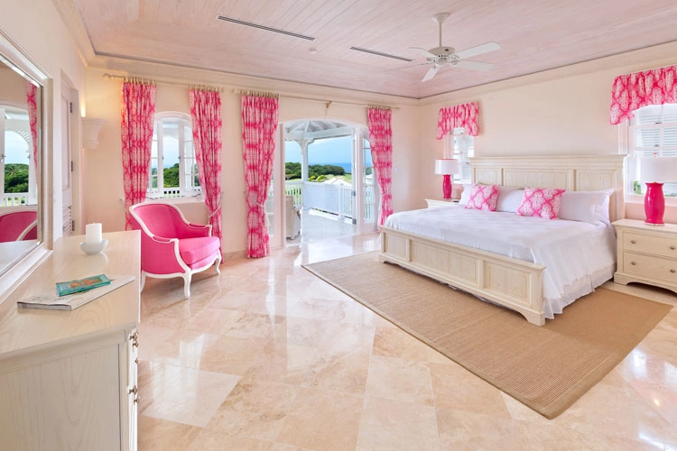 Barbados villa bedroom with pink and white color scheme