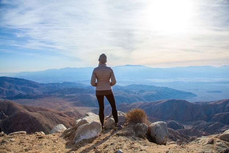 Person standing on a rock looking over a large valley in Coachella - the best places to visit in April