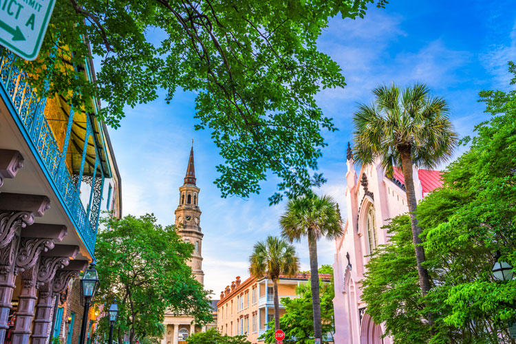 Pastel buildings on the main street in Charleston South Carolina - the best places to visit in April