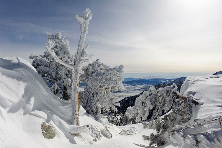 Snow and ice-covered landscape at lake Tahoe for January ski holidays