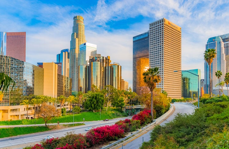View of skyscrapers in Downtown Los Angeles - one the Best places to visit in January in the USA