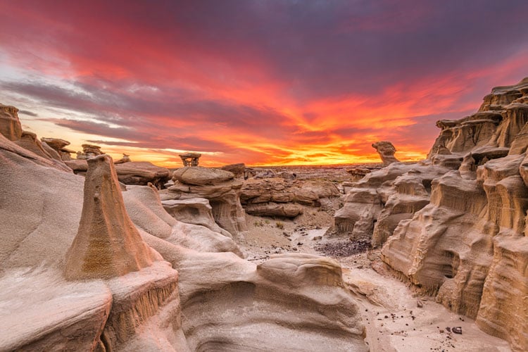 Interesting desert rock formations in New Mexico at sunset - one of the best places to visit in January in the USA