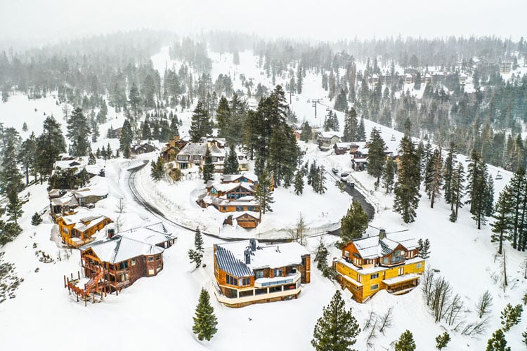 Aerial view of cabins and wilderness in Mammoth Lakes - one of the best places for hiking in January