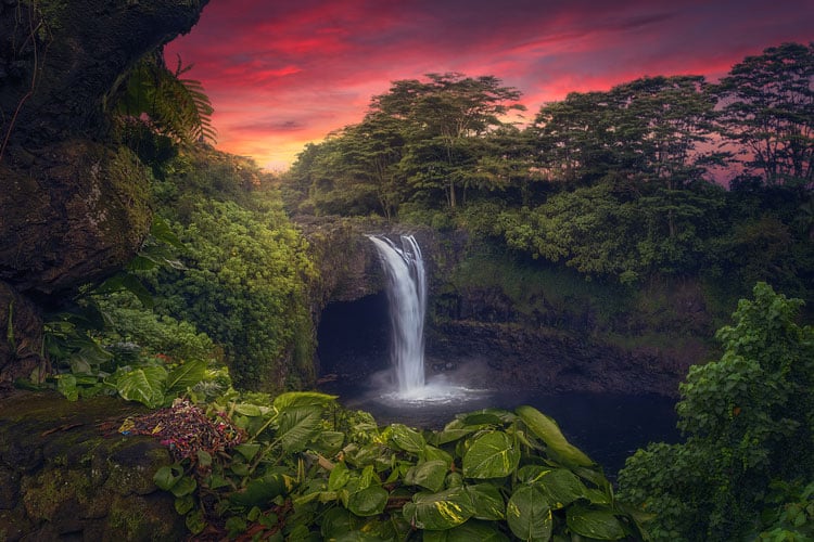 A Valentine's Day 2024. Hawaii waterfall at sunset - The best places to visit in July
