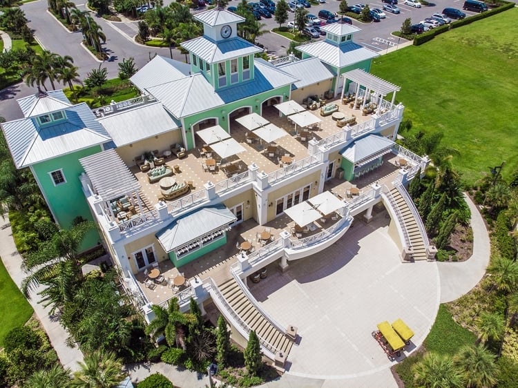Aerial of the Encore Resort clubhouse, home to restaurants and fitness center and more for guests with Encore Resort membership