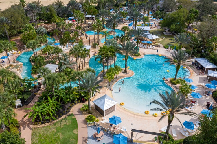 Aerial view of Reunion Resort water park and pools